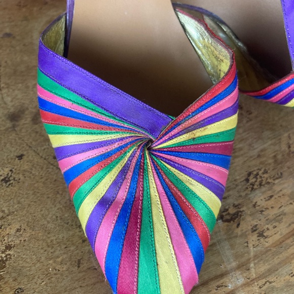 Italian Satin Rainbow Stripe Pumps with Ribbon Ties - Colorful Heels - Size 6 - Picture 2 of 10